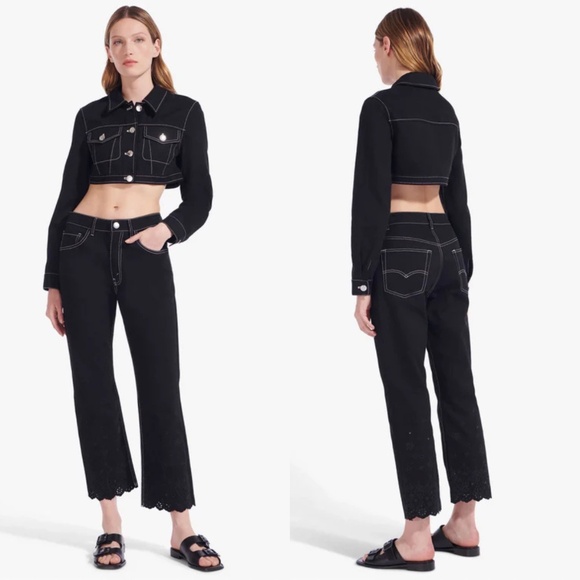 Staud Noemie Eyelet Embroidered Straight Jeans in Black Size 0 - Picture 2 of 11